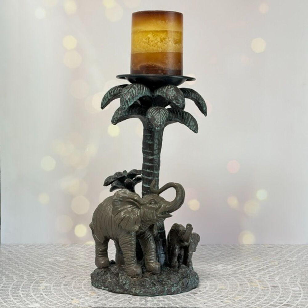 Elephant Family Palm Tree Pillar Candle Holder Safari Decor 12 Inch